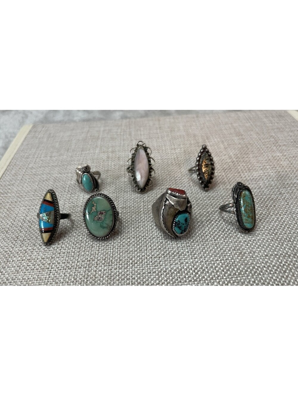 VTG Southwest Sterling Silver Turquoise Coral MOP Ring Sz 5-10 Lot of 7
